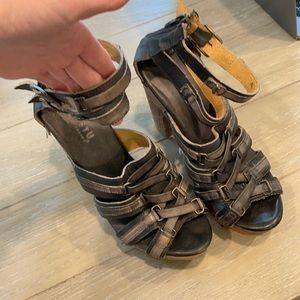 Bed Stu Black Leather Ankle Strap Wedge Heel